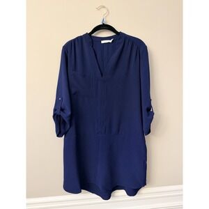 Lush  Dress Women Size Small Navy Blue Split V-neckline 3/4 Sleeves Pockets